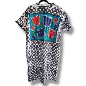 Vintage 90s Hand Painted Boho Floral Checkered Oversized Tshirt Midi Dress